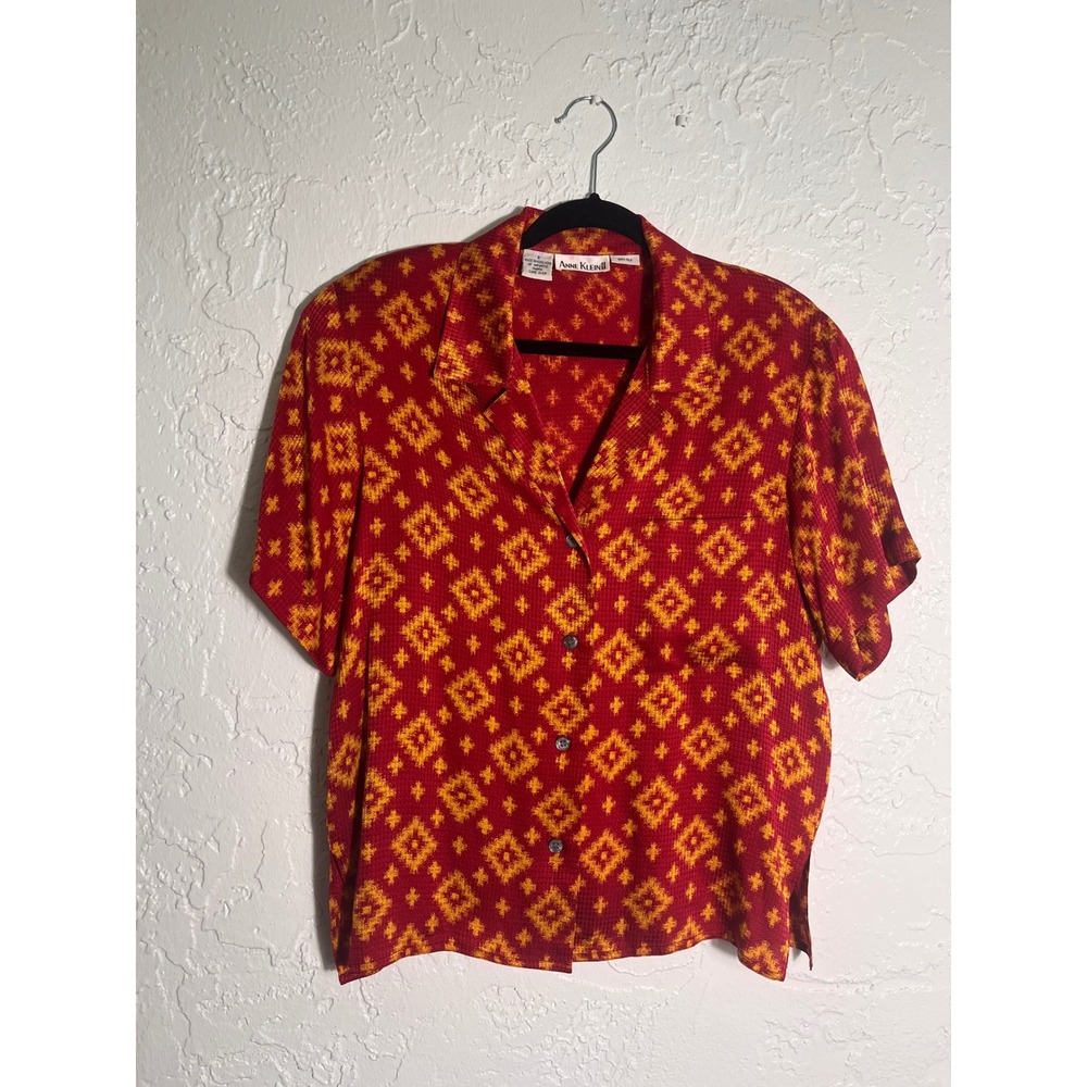 Anne Klein II Vintage Red Yellow Silk Ikat Geometric Button Down Blouse Size 8